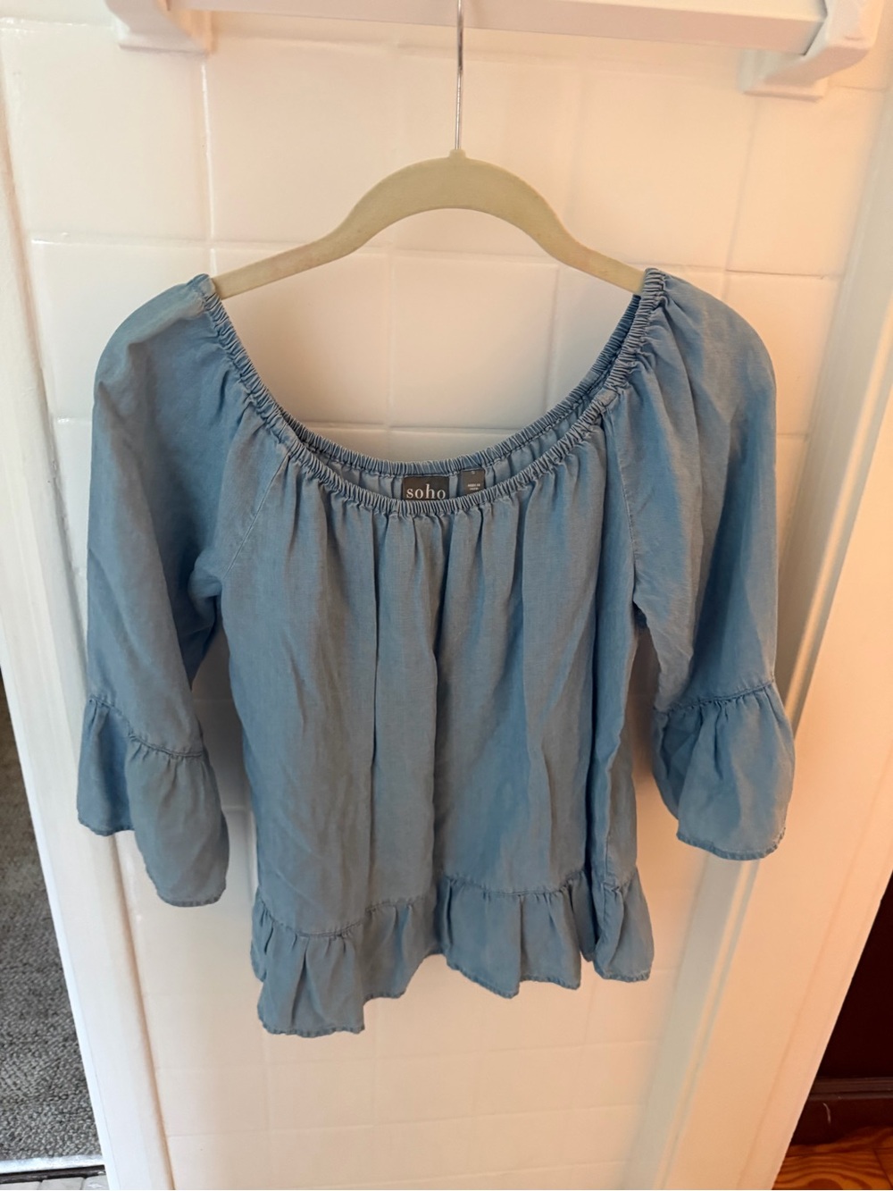 Soho Light Blue Off-Shoulder Ruffle Blouse